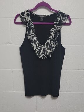 White House Black Market Black Silk Tank with Ruffle V-Neck